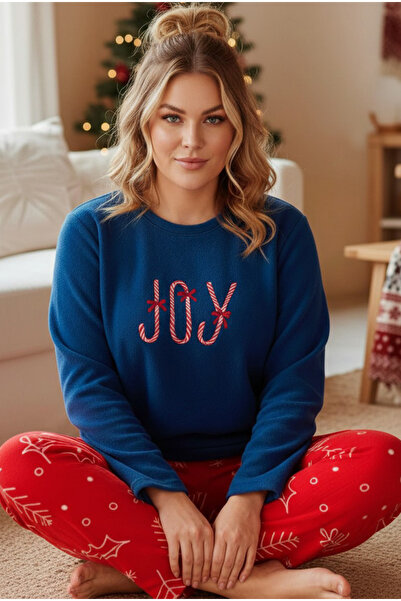 Siyah İnci Navy Blue Red Patterned Embroidered Plus Size Fleece Winter Knitte...