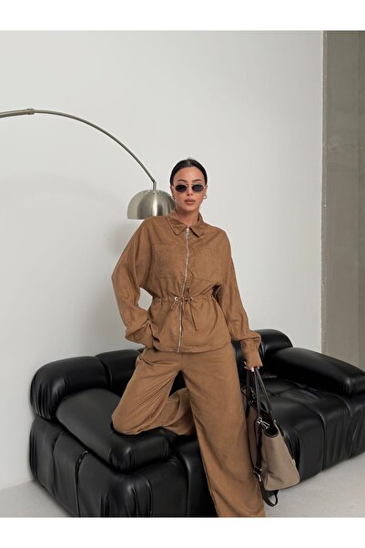 moda paketi Women's Suede Zippered Waist Drawstring Long Sleeve Trouser Suit ...