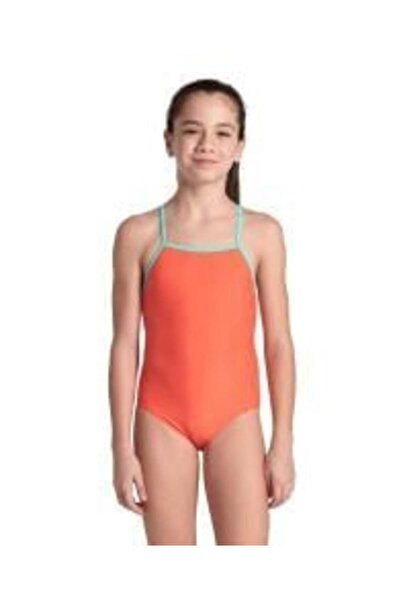 ARENA Girls Essentials Swimsuit Calypso Coral Turuncu/Yeşil Çocuk Yüzücü Mayo...