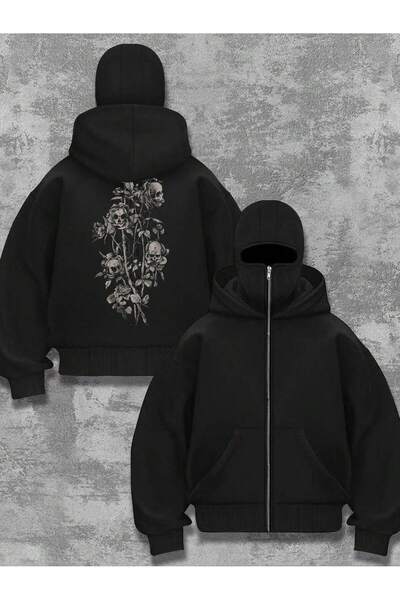 PENTHİLUS Unisex Çift Kat Balaclava Kapüşonlu Hoodie – Skull & Flower Grafik