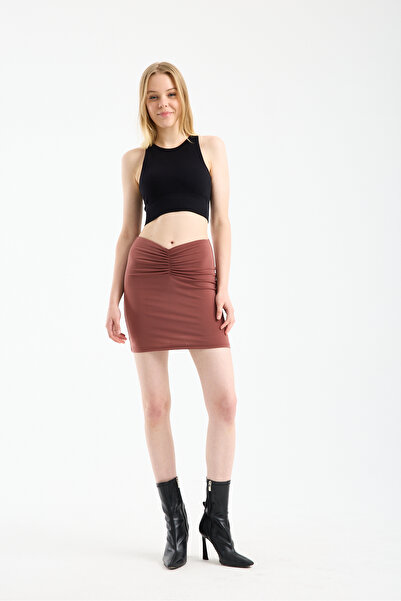 MAİMODA Women's Front Gathered Draped Sandy Fabric Mini Skirt