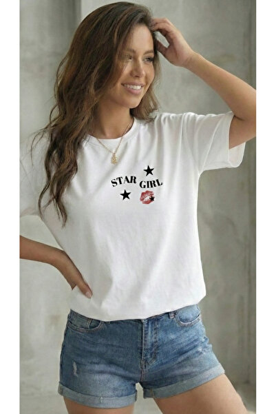 BUWOM Γυναικείο μπλουζάκι με στάμπα Star Girl με λαιμόκοψη ποδηλάτου