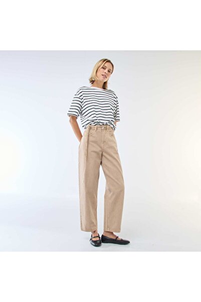 KIABI بنطال جينز بيج سادة بقصة برميلية مع ربطة عنق