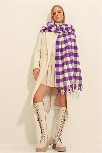 Neşeli Butik Women's Purple Square Patterned Tassels Soft Texture Shawl Scarf...