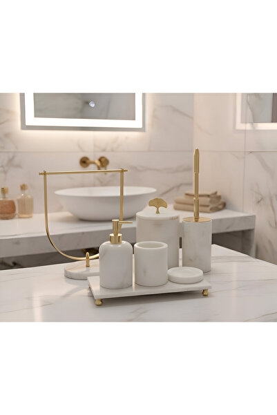 DEISIS HOME Afyon Beyaz Mermer 7li Banyo Seti Gold Aksesuar