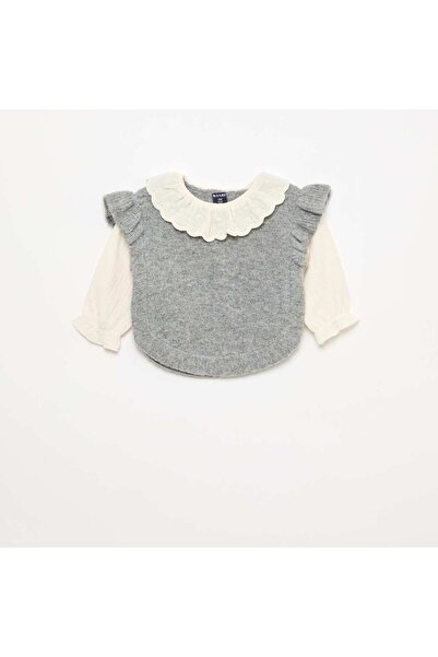 KIABI 2-in-1 Sweater with Broderie Anglaise Collar GREY
