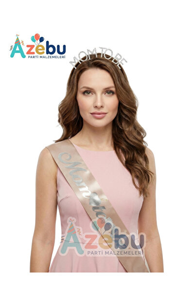 Azebu Mom To Be TaşlıTaç Ve Kuşak & Baby Shower Set & Beyaz Altın Kuşak Taşlı Altın Taç