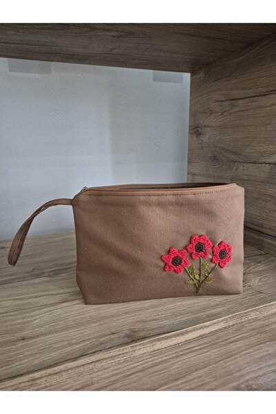 Handream Brown Duck Fabric with Red Knitted Flowers Makeup/Clutch Bag