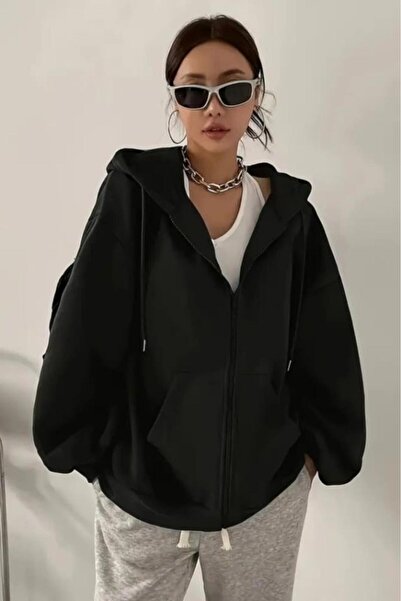 CAST COLLECTİON سترة نسائية سوداء بقلنسوة وسحاب