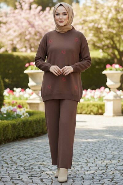 TOFİSA Σετ Πλεκτά Καφέ με Λεπτομέρεια Καρδιάς - 28124-BROWN