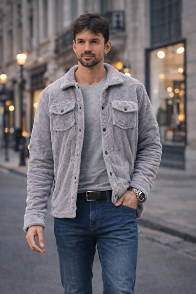 Polo State Men's Plush Soft Textured Sherpa Jacket Light Gray