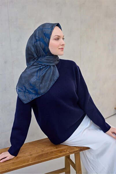 Silk Home وشاح ناعم من القطن والبوليستر بنمط أوراق الشجر باللون النيلي 90×90