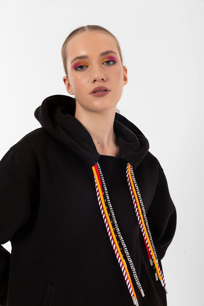 Common People İpli Oversize Hoodie Siyah