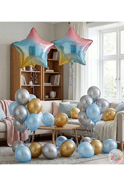 Joyane Rainbow Star Balloon Set |   Gold Gray Baby Blue Metallic Party Decor ...