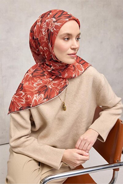 Silk Home Cotton Polyester Soft Scarf Botanical Pattern Orange 90*90