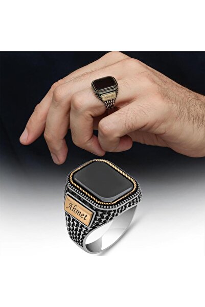 ALYANSEVİM Kişiye Özel İsimli Siyah Oniks Taşlı 925 Gümüş Yüzük Erkek
