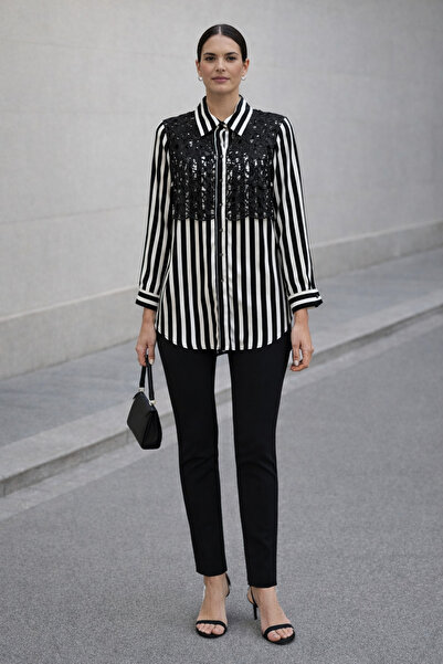 Ekol Striped Laced Shirt Collar Blouse
