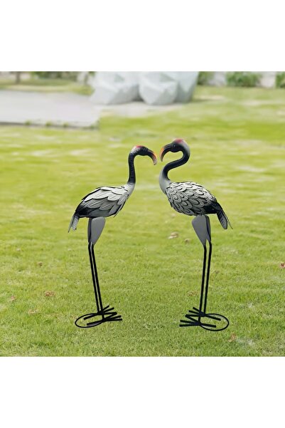 BGA Dekoratif Metal 2'li Flamingo heykel ev bahçe yazlık saksı bitki bahçe ca...