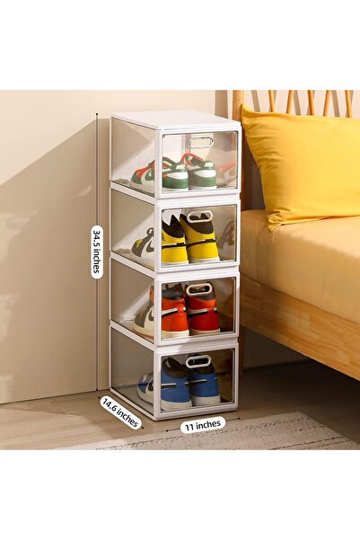 BLOOMING TIME Transparent Shoe Boxes With Door, Foldable Stackable white