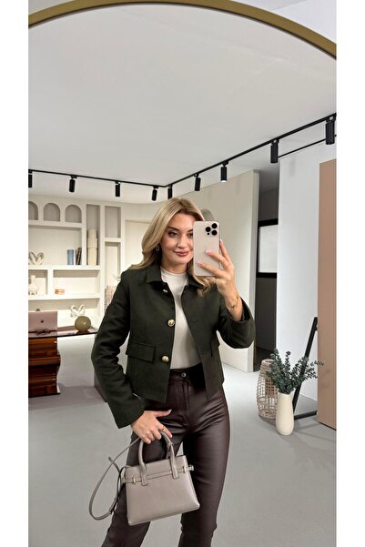 Sezgi Tekin Gold Button Detail Suede Emerald Green Jacket