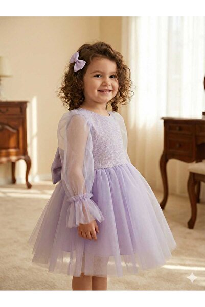penu baby kids Lilac Long Tulle Sleeve Detailed Tutu Baby Girl Dress