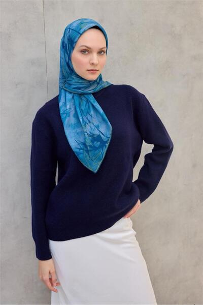 Silk Home وشاح ناعم من القطن والبوليستر بنمط أوراق الشجر باللون الفيروزي 90x90