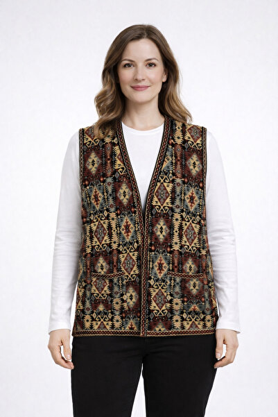 Uludağ Triko ULUDAĞ TRİKO... ANNE YELEK CEPLİ KİLİM DESENLİ...