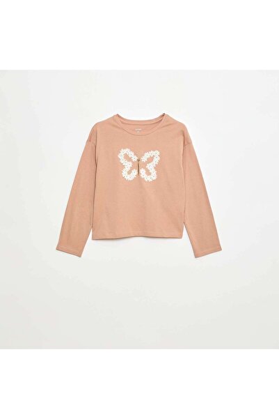 KIABI تي شيرت وردي بأكمام طويلة مزين بالترتر