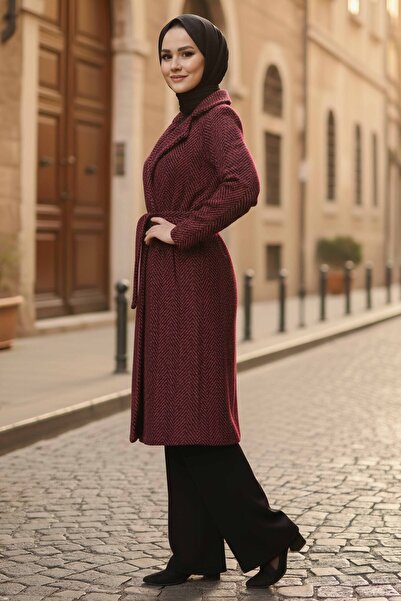 TOFİSA Patterned Belted Cashmere Coat Red - 28095-Red