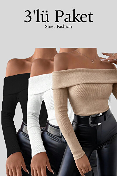 Siner Fashion Women's 3-Pack Madonna Collar Long Sleeve Blouse