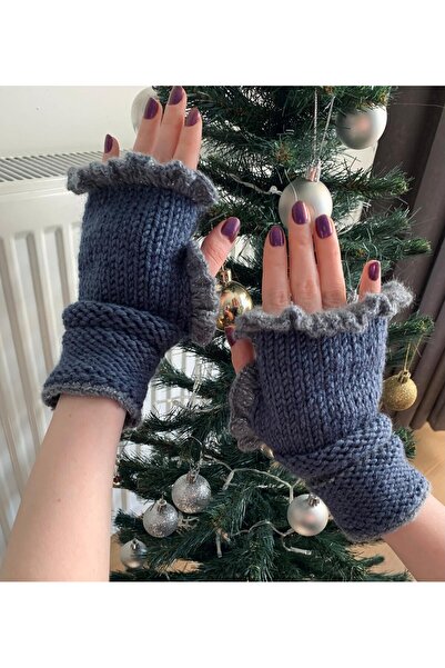 Nessa Giyim Özel Tasarım el örgüsü Kadın Gri Eldiven