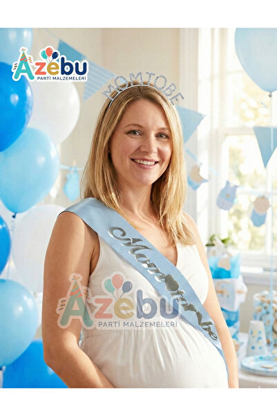 Azebu Mom To Be TaşlıTaç Ve Kuşak & Baby Shower Set & Beyaz Altın Kuşak Taşlı Altın Taç