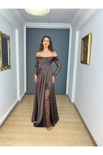gökkuşagı moda Kahverengi Saten Kayık Yaka Uzun Kollu Dantel Detaylı Sırtı İp...
