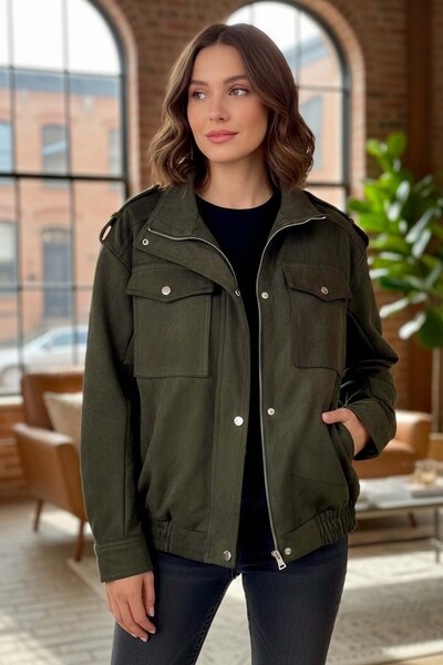 TOFİSA Double Pocket Elastic Waist Suede Jacket Khaki - 28091-Haki
