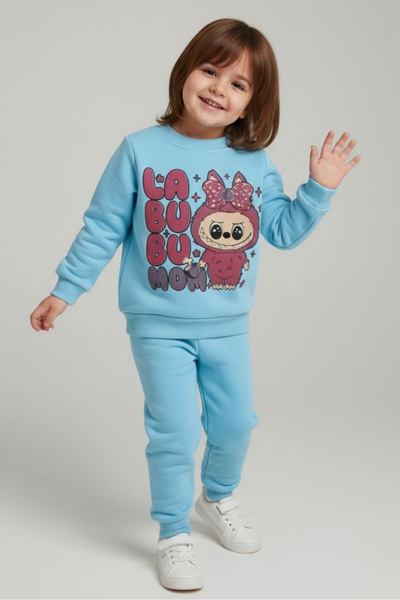 TOFİSA Girl's Baby Blue Printed Fleece-Lined Pajama Set - 28099-Bebe-Mavi