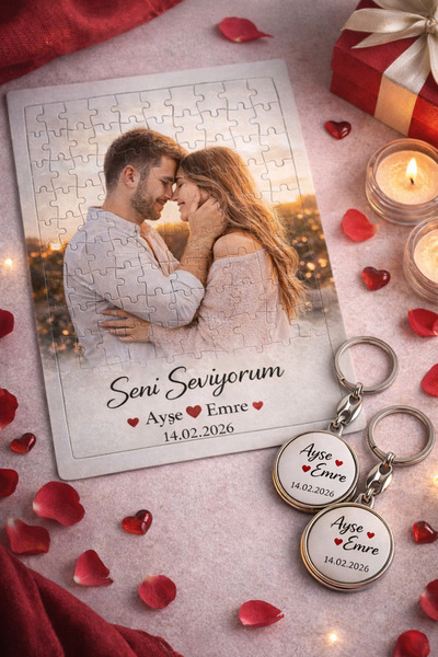 cekud tasarım baskı Kişiye Özel Sevgililer Günü Fotoğraflı Puzzle ve Anahtarl...