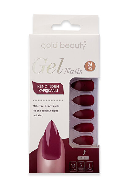 Gold Beauty Mat Bordo Takma Tırnak Seti 24 Adet Jel Tırnak