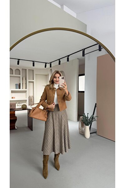 Sezgi Tekin Camel-Siyah Ekoseli Cep Detay Çan Etek