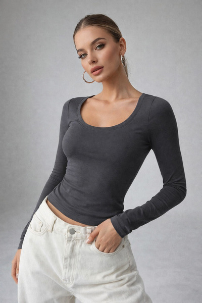 WILD BEE بلوزة نسائية من القطن بأكمام طويلة ورقبة على شكل حرف U