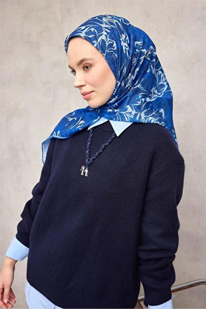 Silk Home Eșarfă din bumbac și poliester, albastru-noapte-alb, cu model botan...