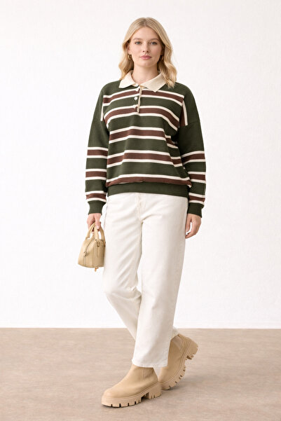 DOQU MILANO Women's Khaki Polo Neck Striped Sweater