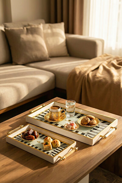 Porsima 4390 Set of 2 Decorative Rectangular Serving Trays - Tea and Coffee B...