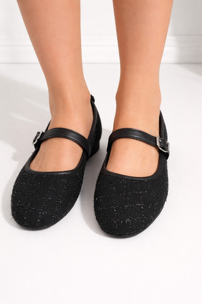 redtan Women's Black Tweed Fabric Single Strap Buckle Classic Casual Ballerin...