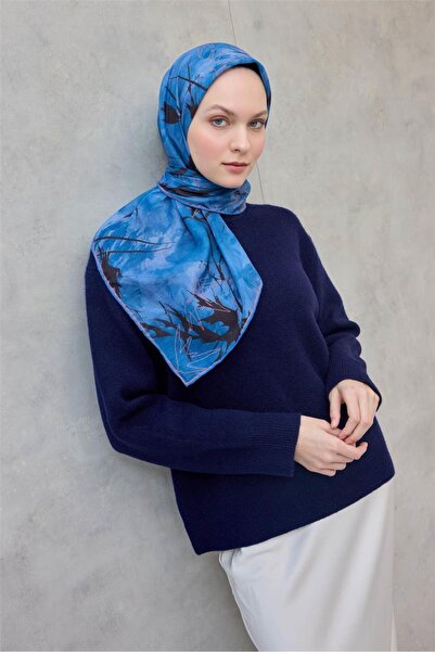 Silk Home Eșarfă moale din bumbac poliester cu model frunze albastru 90x90