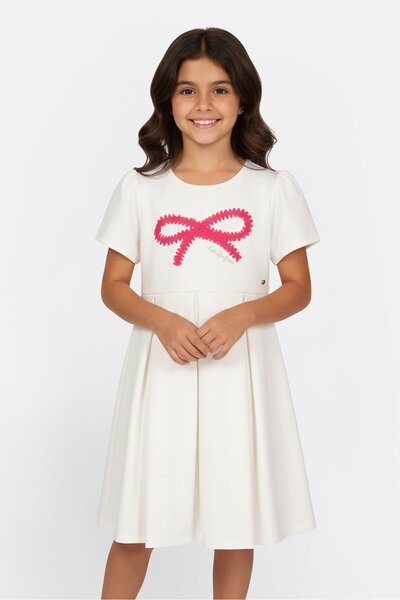 Lili Gaufrette Kids Girl Round Neck Short Sleeve Textured Dress, White