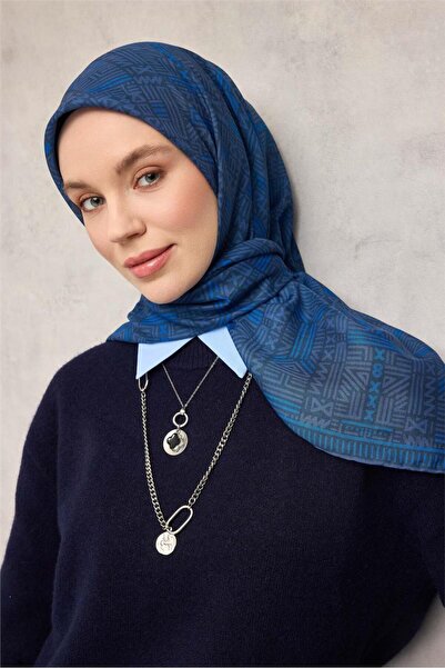 Silk Home Памучен полиестерен мек шал, синьо-сив геометричен мотив, неплъзгащ...