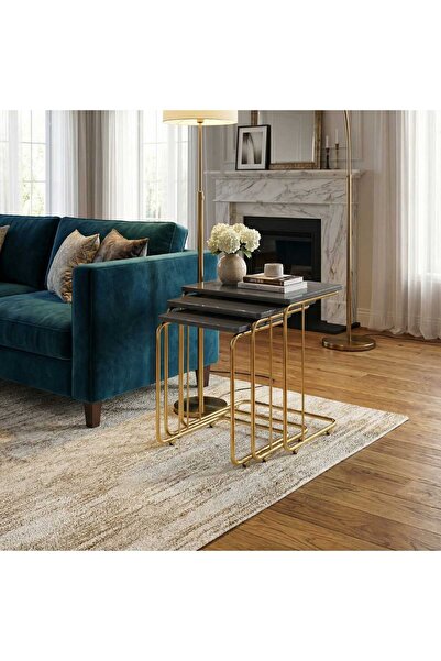 ModernEvveOfis C Tekerlekli Zigon Sehpa MDF Gold Kaplamalı - Lake Boyalı Kena...