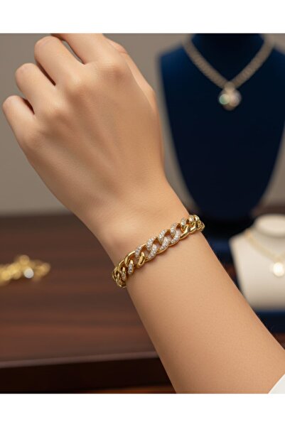 Takıcım Pırıltı Steel Oval Stone Gold Bracelet