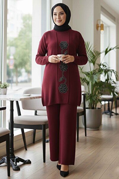 TOFİSA Set de tricotaje cu detalii cu paiete florale, roșu claret - 28126-BORDO