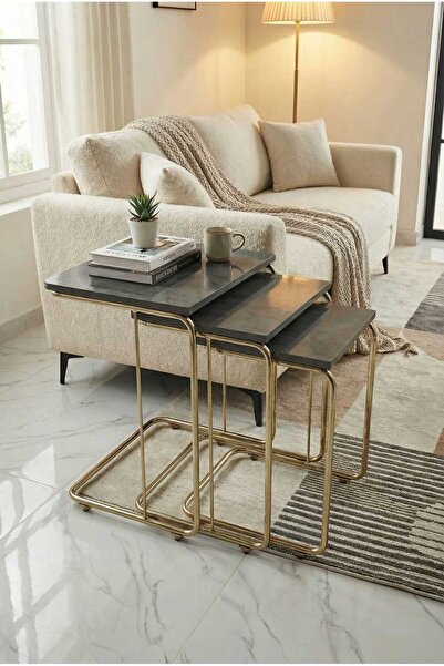 ModernEvveOfis C Tekerlekli Zigon Sehpa MDF Gold Kaplamalı - Lake Boyalı Kena...